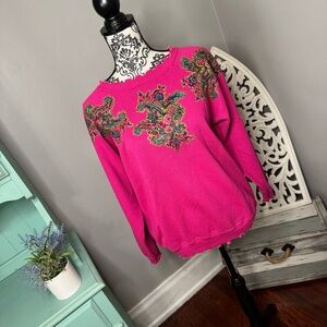 VINTAGE Hanes Boho Embroidered Scalloped Sweatshirt Size Large Barbie Core